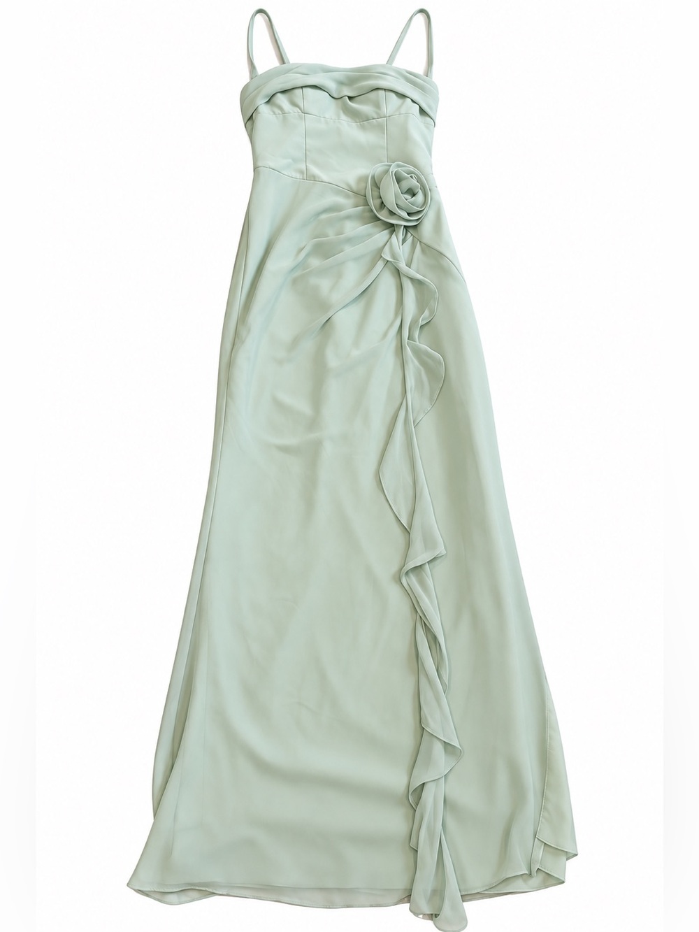 Barbie x Azazie Sage Green Floral Ruffle Maxi Dress A0 EUC
